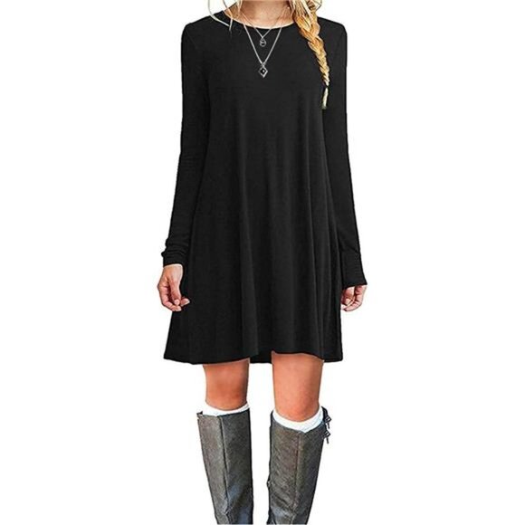Women's Casual Plain Simple Long Sleeve T-Shirt Loose Dress - Picture 1 of 3
